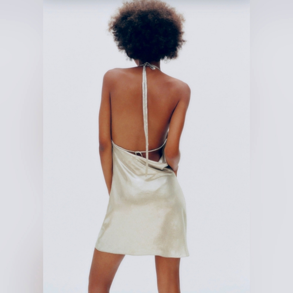 ZARA Metallic Drape Halter Mini-Dress - (Small) New!